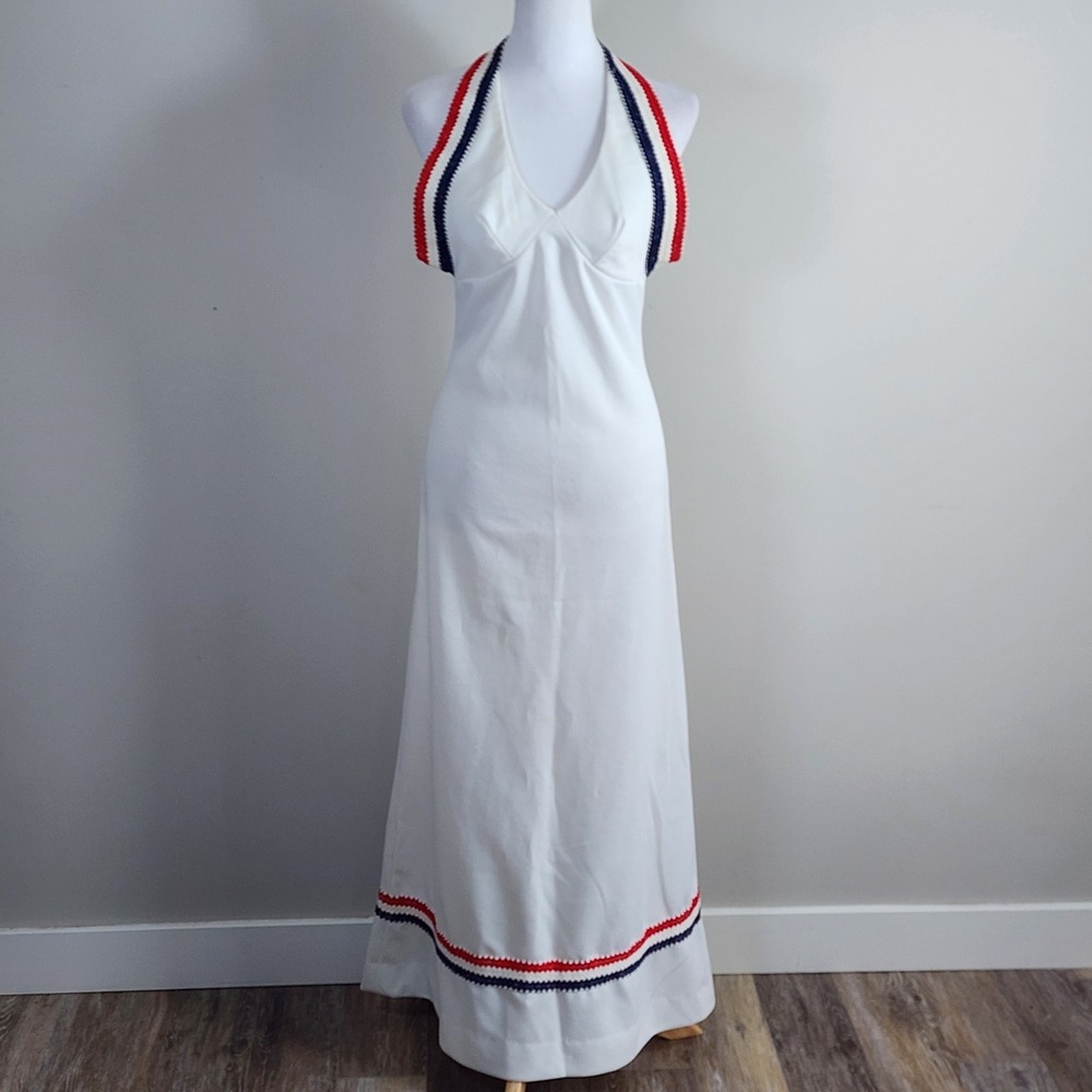 Vintage Halter Maxi Dress Womens XS White Red Blue 1970s Union Made Nautical